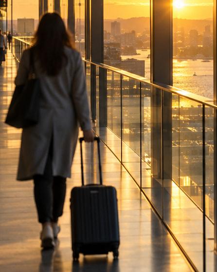A traveller wheeling a suitcase through a sunlit harbour-city terminal at golden hour.