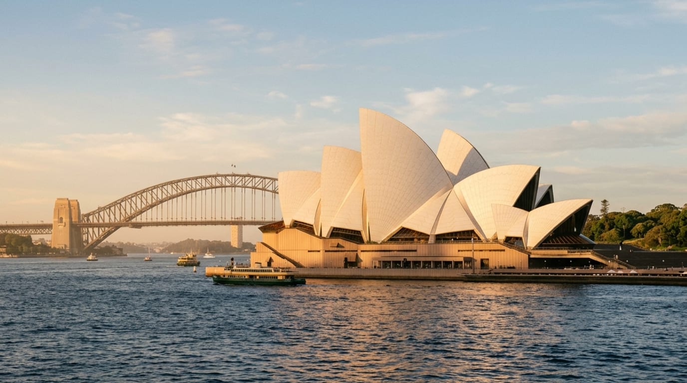 The Sydney Opera House and the Harbour Bridge at golden hour.