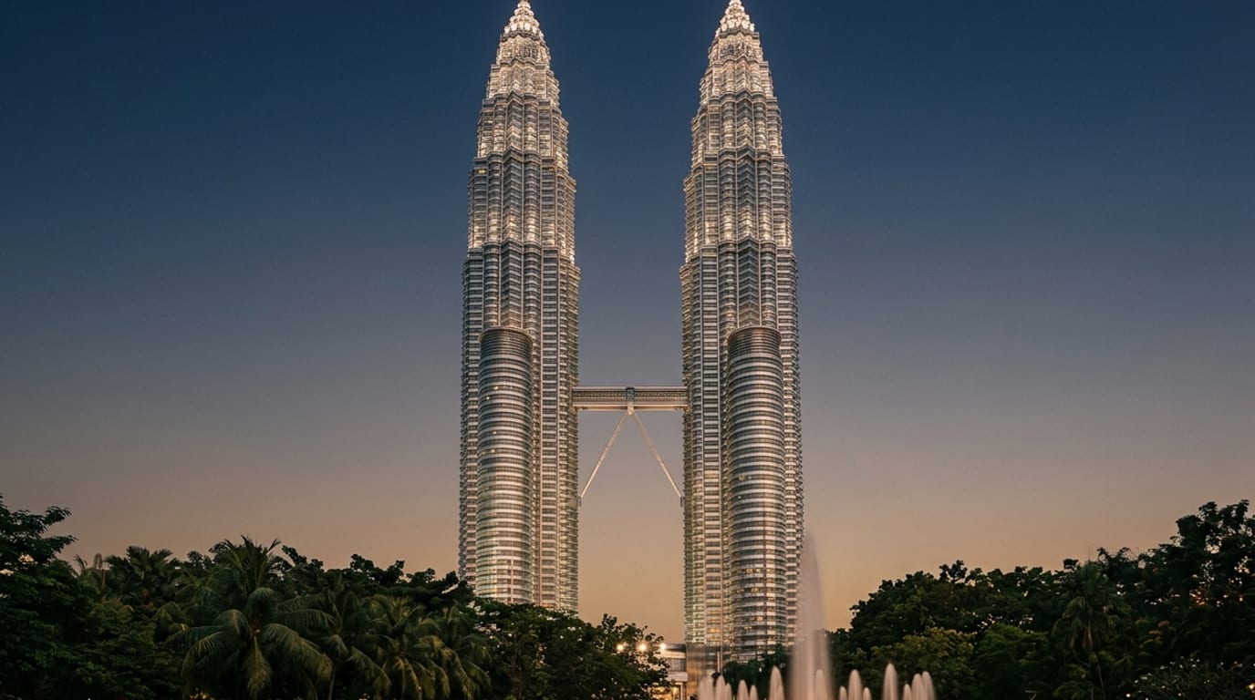 The Petronas Towers in Kuala Lumpur at dusk.