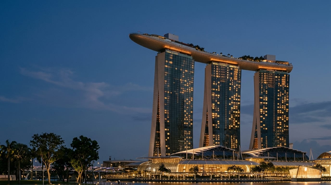 The Singapore waterfront at blue hour.