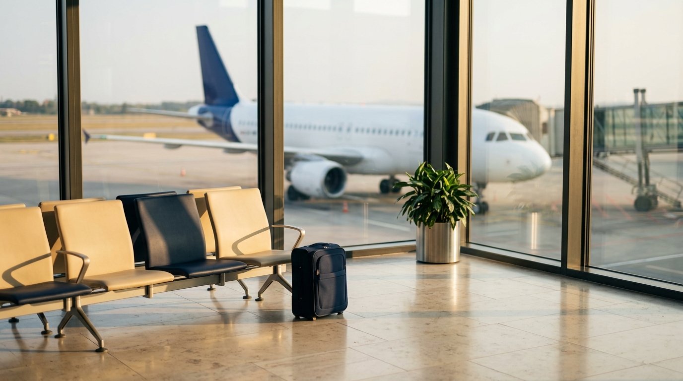 A row of seats at a departure gate.