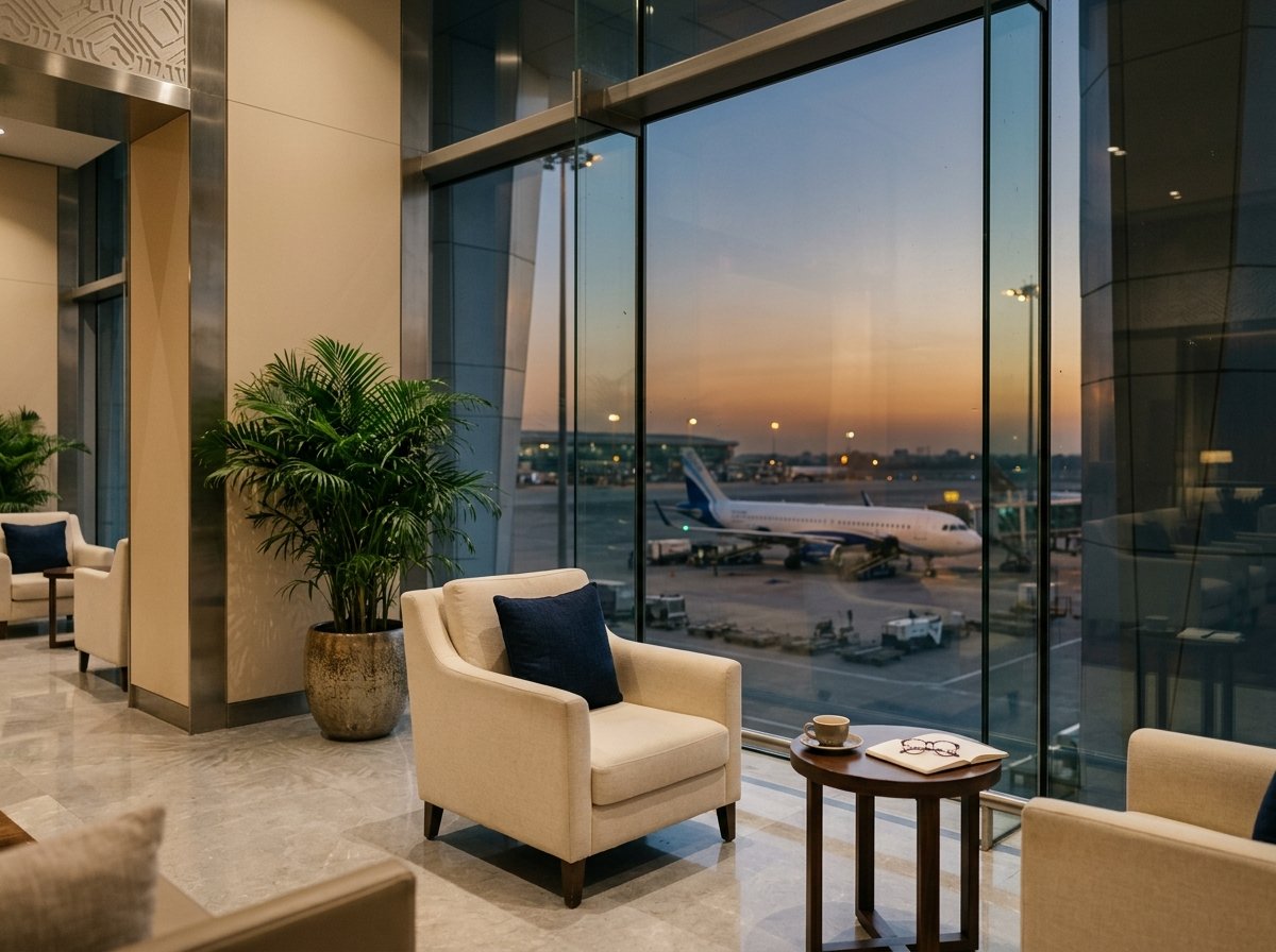 An airport lounge looking out over the apron.