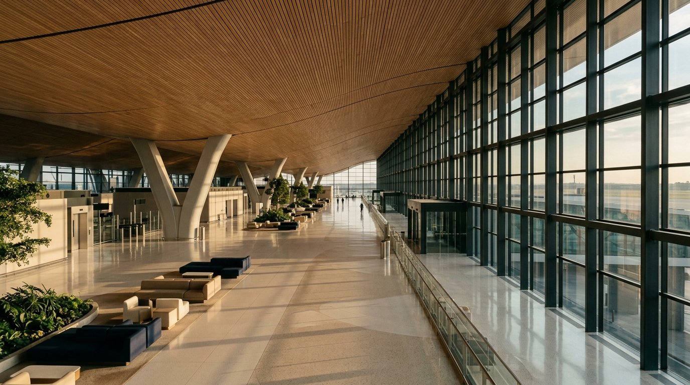 A quiet airport concourse with a sweeping timber ceiling.