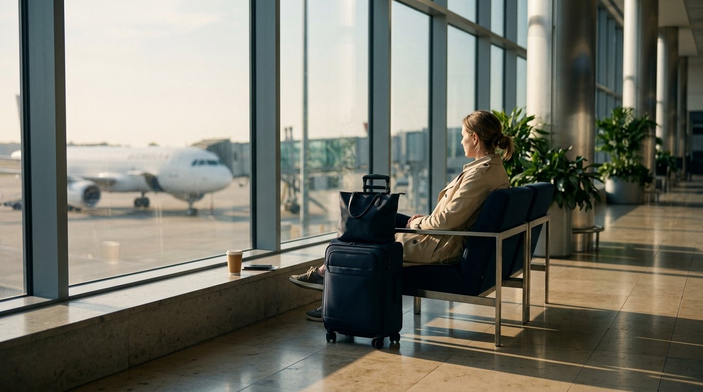 Travellers waiting between flights in a terminal.
