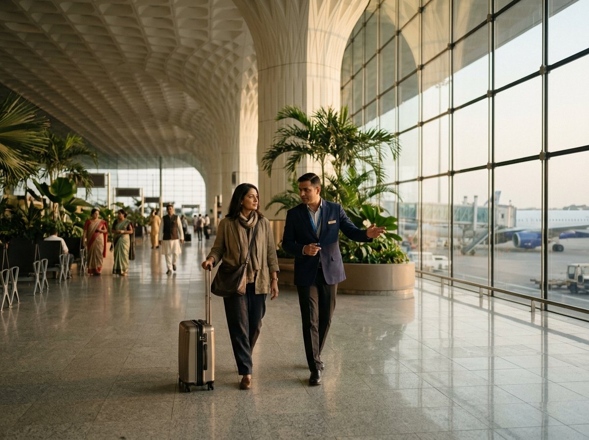 Travellers walking through a bright terminal concourse.