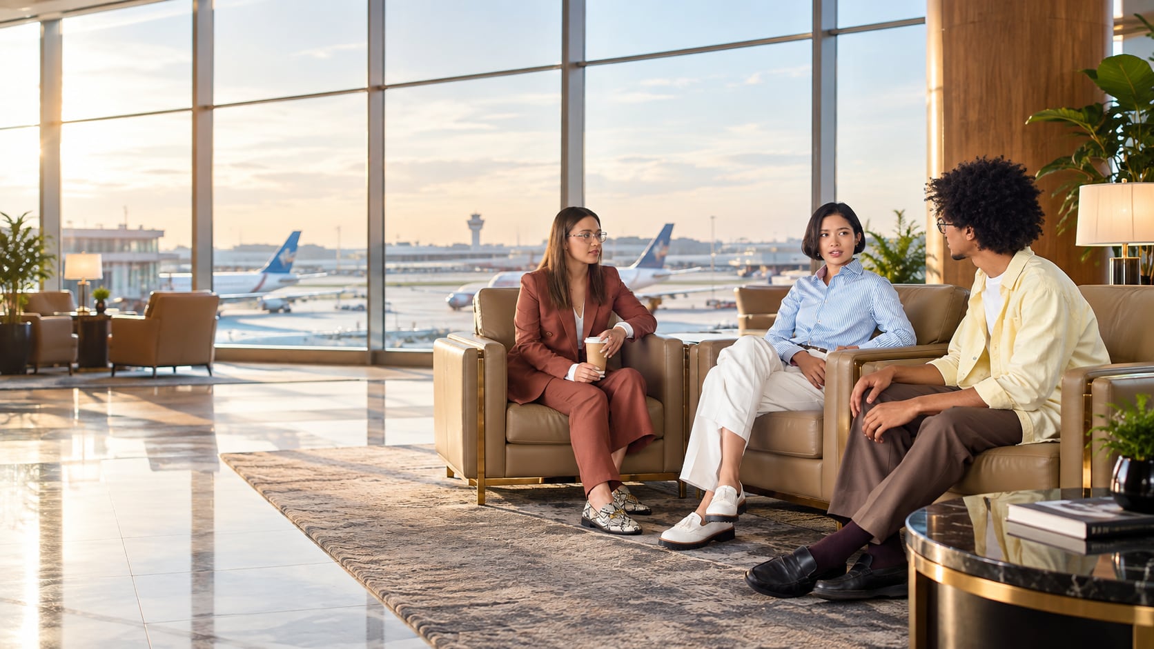 Comfortable seating inside a partner airport lounge.